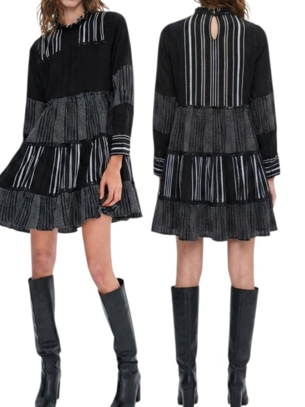 ZARA Black & White Striped Babydoll Shift Dress Size Small